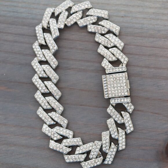 15mm 8inches Cuban Ice Curb Diamond Chain Silver Plated Bracelet with Rhinestone - Picture 2 of 4